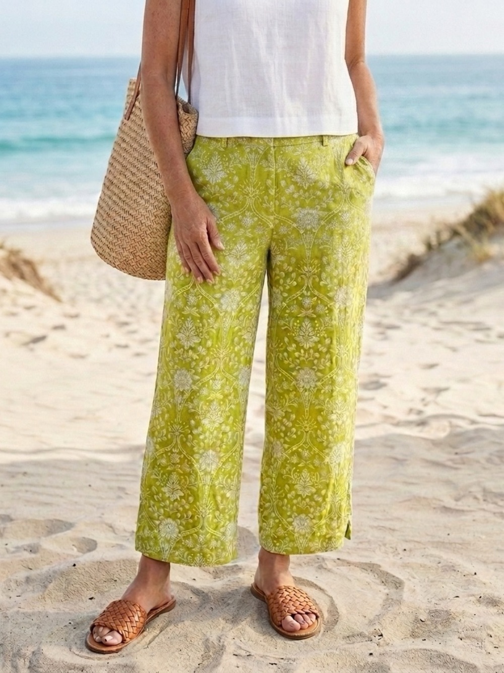 Joie 100% Linen Floral Wide Leg Crop Pants Green Coastal Grandma Resort European